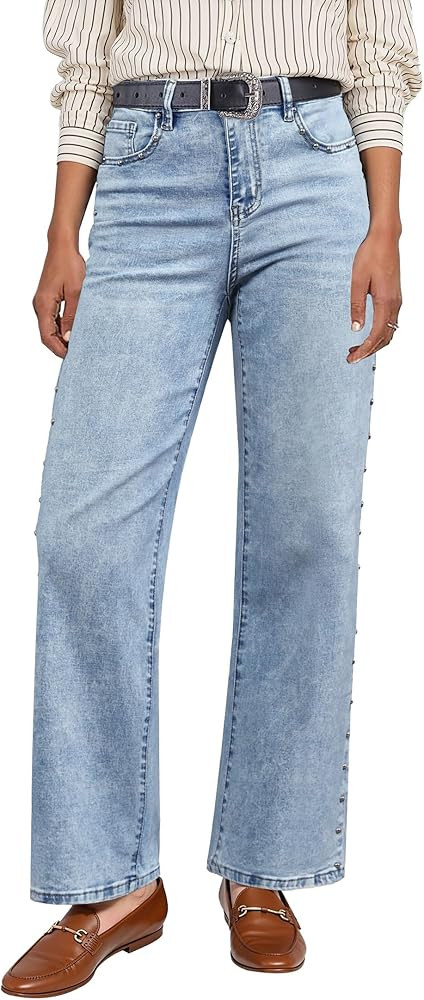 luvamia Women Jeans Wide Leg High Waisted Trendy Side Studded Embellished Distressed Stretchy Den... | Amazon (US)