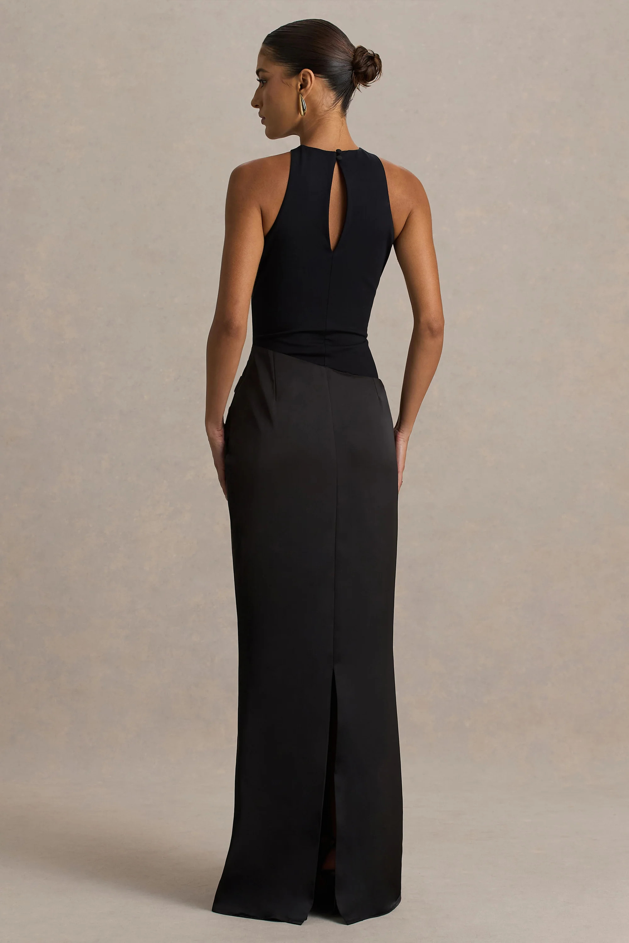 Akari | Black Crew-Neck Maxi Dress With Satin Skirt | Club L London