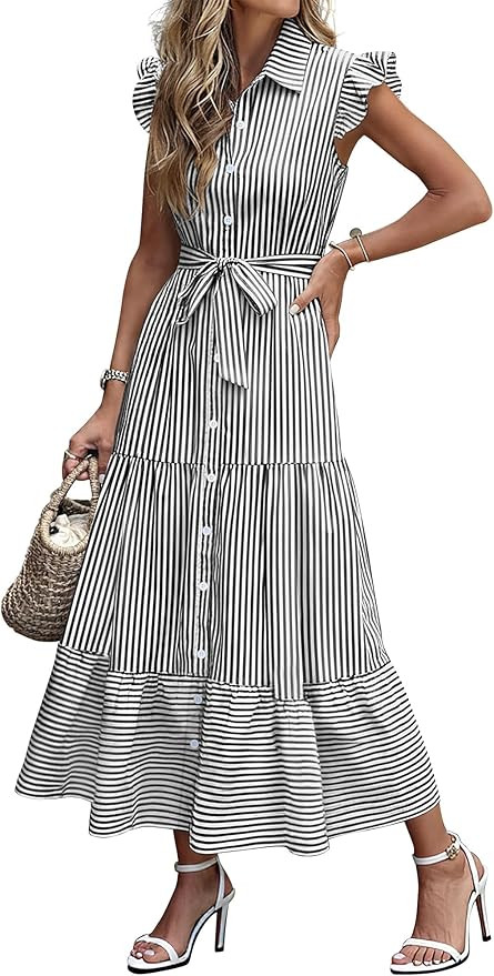 Caracilia Womens Summer Casual Ruffle Cap Sleeve Maxi Dress Button Down Striped Plaid Tie Waist V... | Amazon (US)
