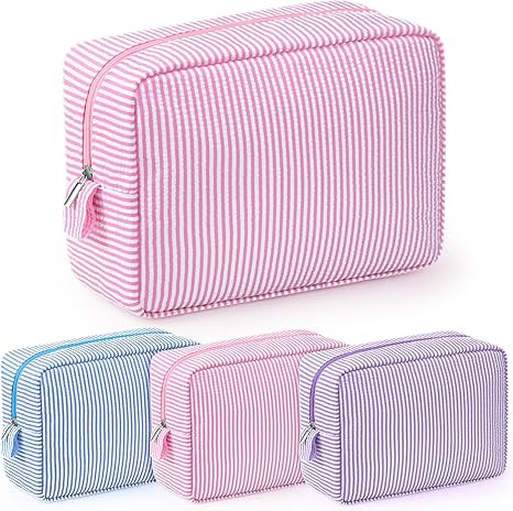 Sanwuta 3 Pcs Seersucker Cosmetic Bag Seersucker Makeup Bag Women Stripe Large Travel Toiletry Or... | Amazon (US)