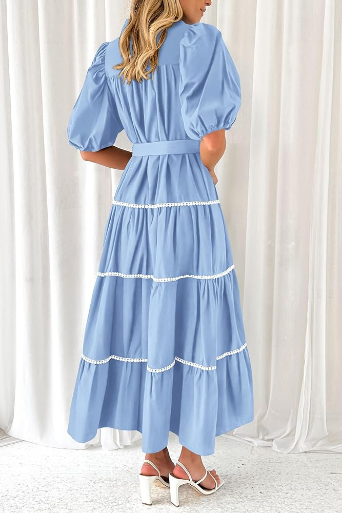 PRETTYGARDEN Women's Summer Button Down Shirt Dress Short Puffy Sleeve Tiered Ruffle Flowy Long M... | Amazon (US)