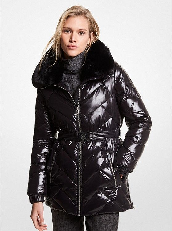 Faux Fur Trim Chevron Quilted Nylon Belted Puffer Coat | Michael Kors US