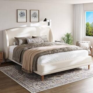Arc White Boucle Fabric Upholstered Wood Frame King Size Platform Bed and Headboard Set | The Home Depot