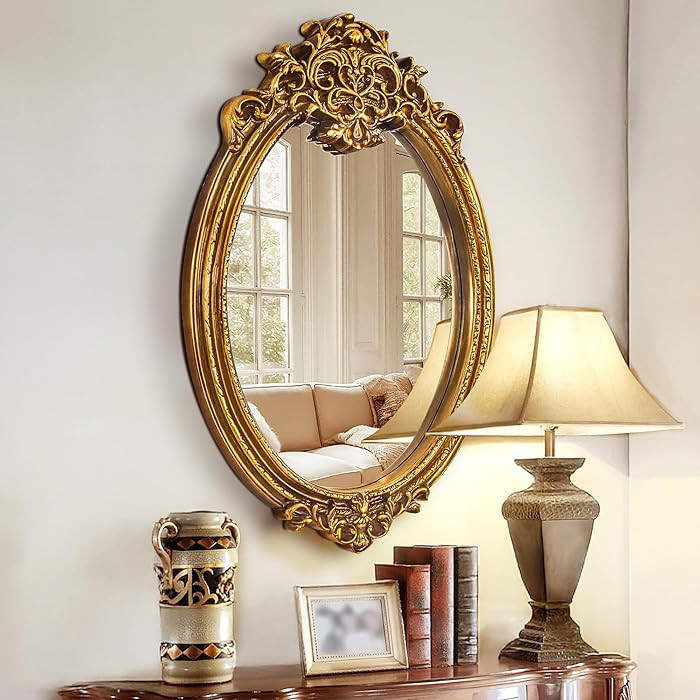 Chende Baroque Oval Mirror for Wall Decor, 40" x 28" Ornate Gold Bathroom Mirror with 3D PU Carve... | Amazon (US)