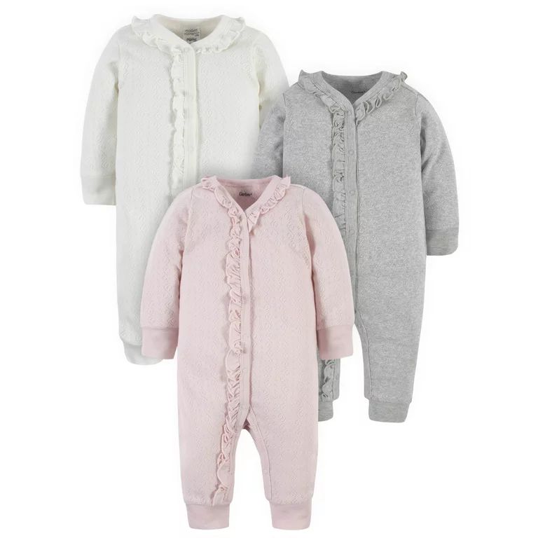 Modern Moments by Gerber Baby Girl Solid Pointelle Coveralls, 3-Pack, Newborn-12 Months | Walmart (US)