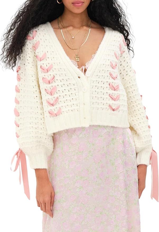 Women Open Front Cardigan Sweater Lantern Sleeve Button Down Crop Knitwear Bow Y2k Cable Knit Car... | Amazon (US)