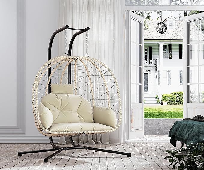 DoubleTT Double Indoor/Outdoor Wicker Swing Egg Chair Hammock Foldable Hanging Loveseat with Stan... | Amazon (US)