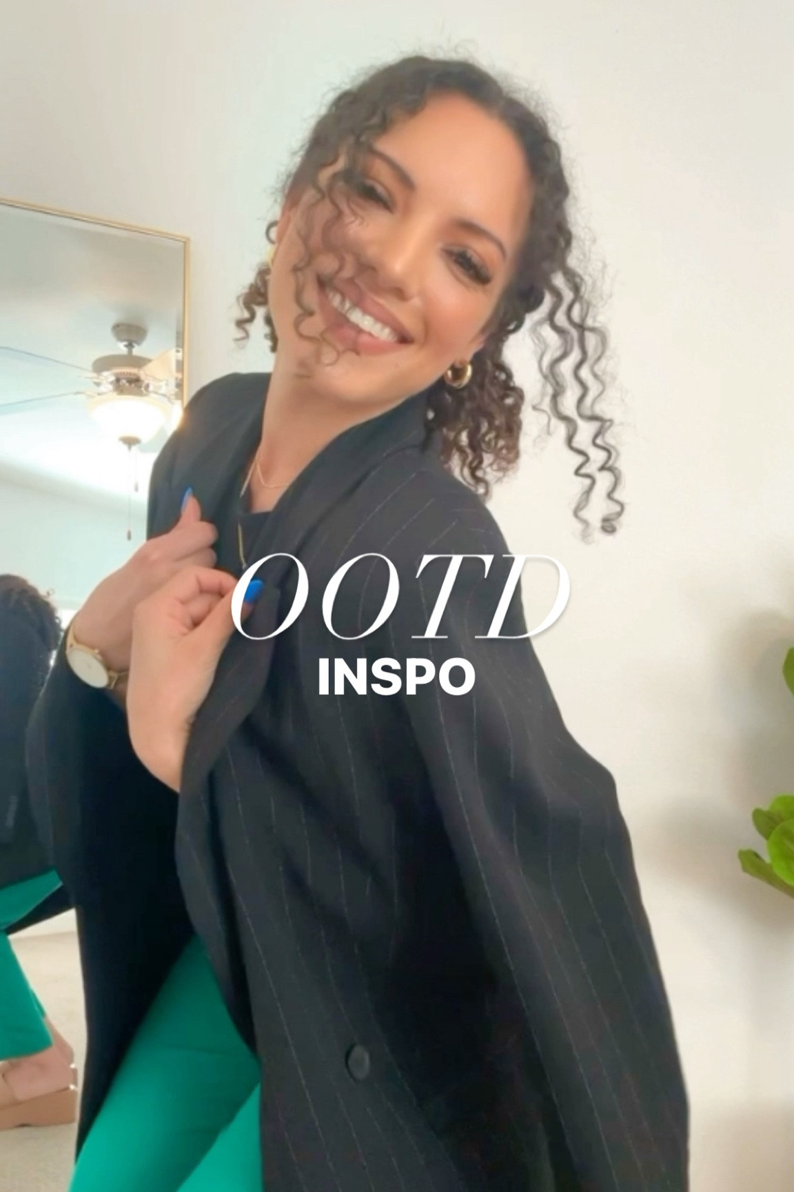 Linked this black bodysuit, gold hoop earrings, gold layered necklace, and similar green trousers/cigarette pants, black oversized pinstripe blazer, and cognac platform sandals 💚✨