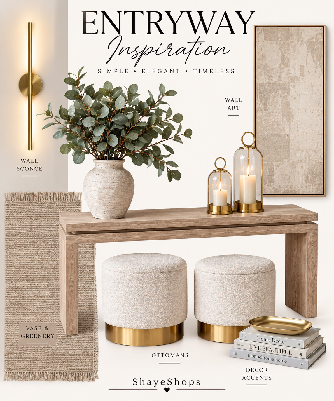 Entryway inspiration that feels effortlessly elegant! 🤍✨

Loving this mix of natural oak, cozy bouclé ottomans, warm gold accents, and neutral decor. It's all about creating a welcoming space that feels elevated without being overdone.

Shop these entryway finds and recreate the look! 🛍️

#EntrywayDecor #HomeDecorFinds #NeutralHomeDecor #ConsoleTableStyling #ModernHome 

 #LTKHome