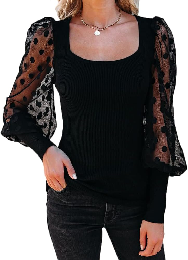 Qearal 𝟐𝟎𝟐𝟑 𝐍𝐞𝐰 Women's Puffy Sheer Mesh Long Sleeve Polka Dot Square Neck R... | Amazon (US)