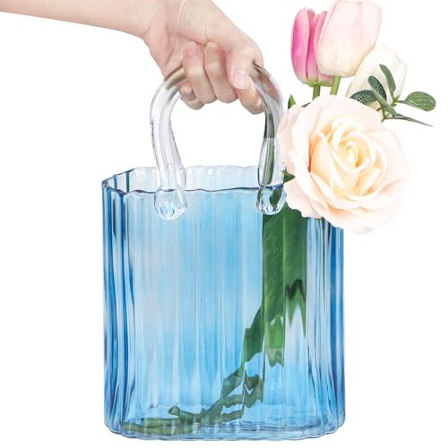 Modern Purse Vase for Flowers,Clear Blue Glass Bag Vases with Vertical Stripes for Home Decors .Elegant Purse Flower Vase for Centerpiece,Floral Arrangement. | Amazon (US)