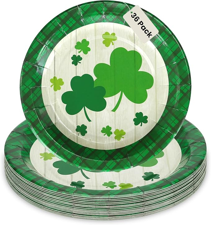 Iconikal 36-Count Disposable St. Patrick's Day Paper Dessert Plates, Shamrock Green Plaid Design,... | Amazon (US)