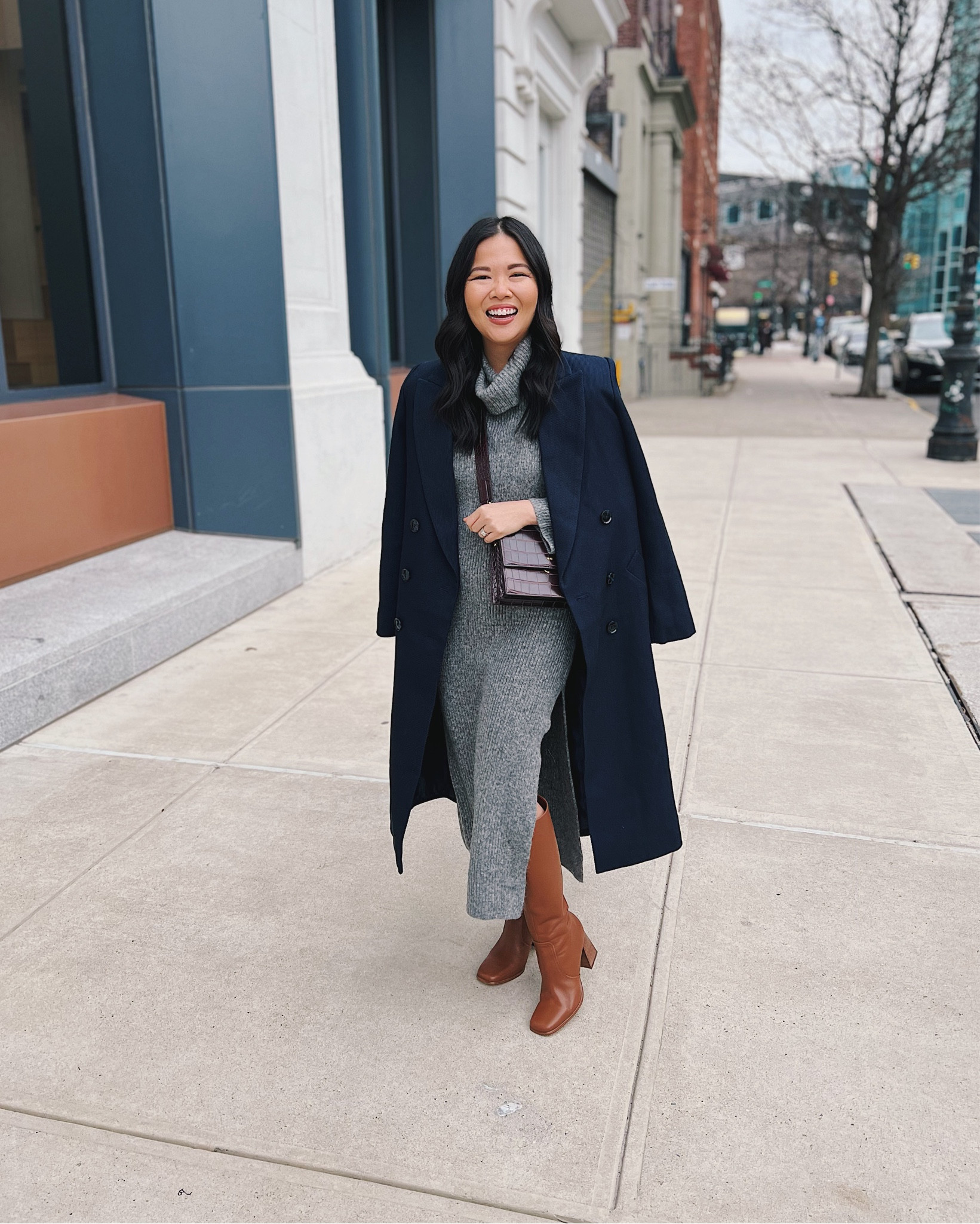 Navy coat (XS)
Gray sweater dress (XSP)
Burgundy bag 
JW Pei bag 
Brown knee high boots (1/2 size up)
Brown leather boots
Neutral winter outfit
Neutral outfit
Abercrombie outfit 
Nordstrom outfit

#LTKSeasonal #LTKfindsunder100 #LTKstyletip