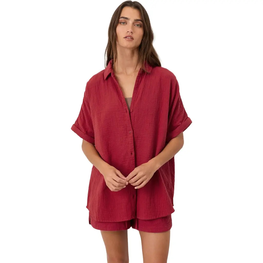 Pact Organic Cotton Coastal Double Gauze Relaxed Shirt in Poppy Red at Nordstrom, Size Medium | Nordstrom