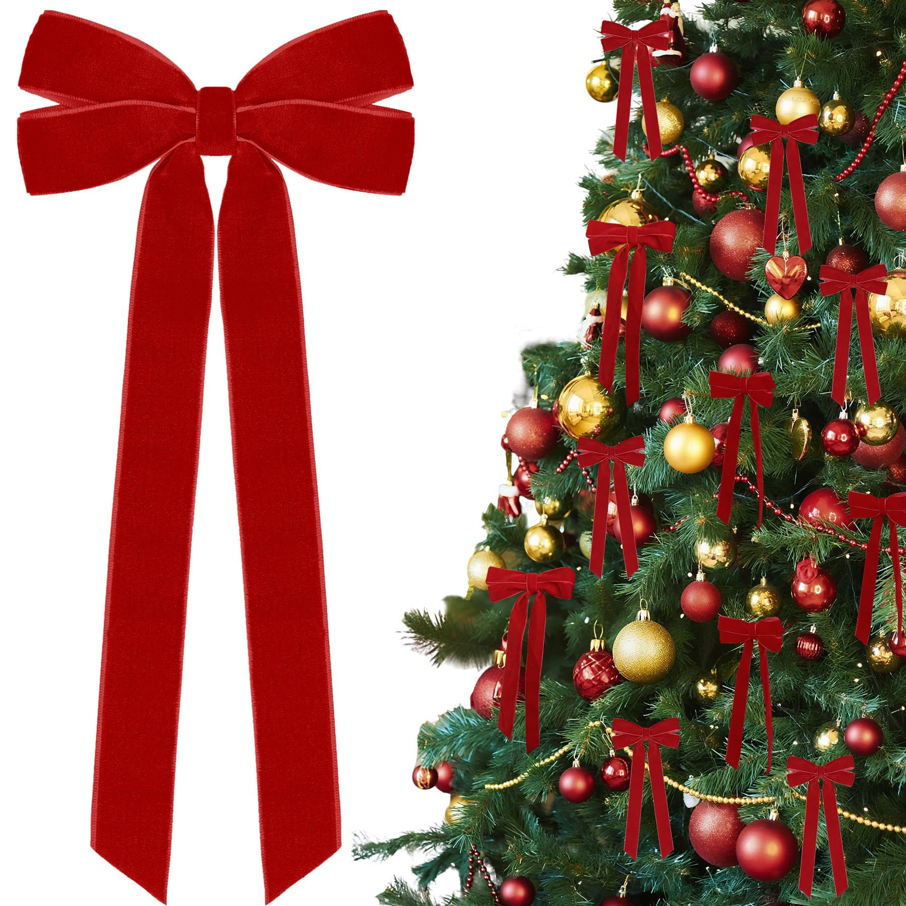 12Pcs Red Velvet Ribbon Bows Christmas Tree Decorations,5in x 10in Xmas Ornaments for Tree Home P... | Amazon (US)