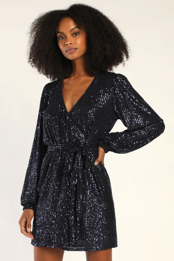 Sparkly Darling Navy Blue Sequin Long Sleeve Wrap Dress | Lulus (US)