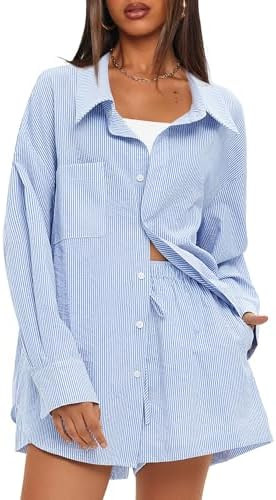 Darong Women's Summer 2 Piece Outfit Sets Long Sleeve Button Down Shirts Matching Short Sets Beac... | Amazon (US)