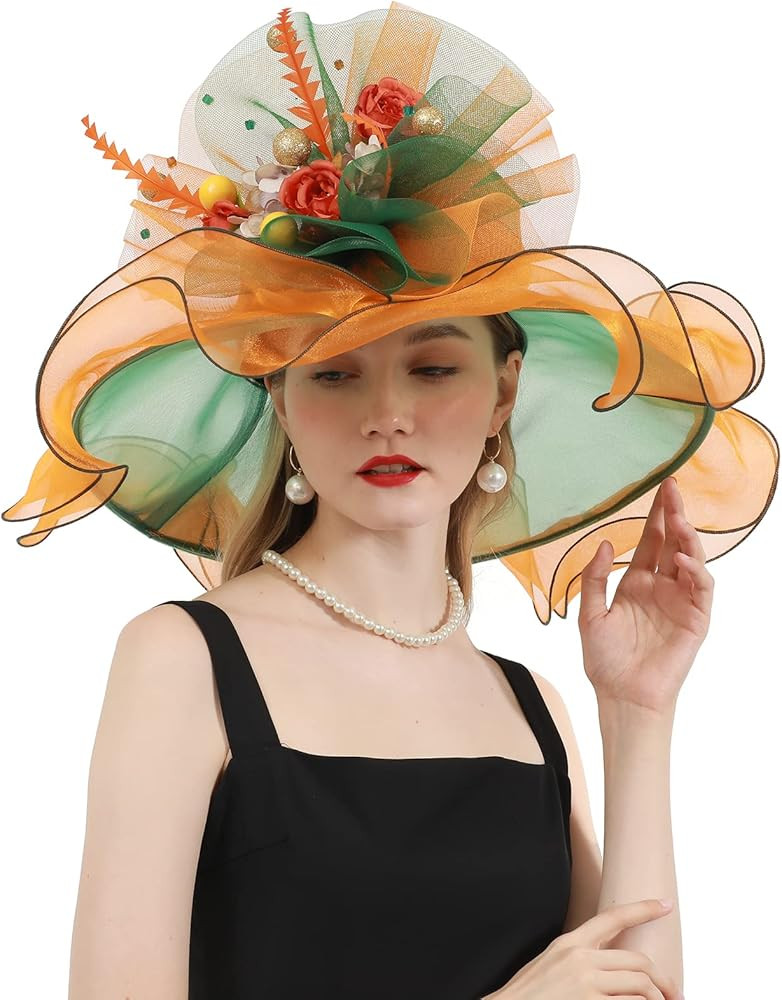 TLMNU Women Derby Church Hat Organza Flower Wedding Tea Party Fascinator Hat Wide Brim Sun Hat | Amazon (US)