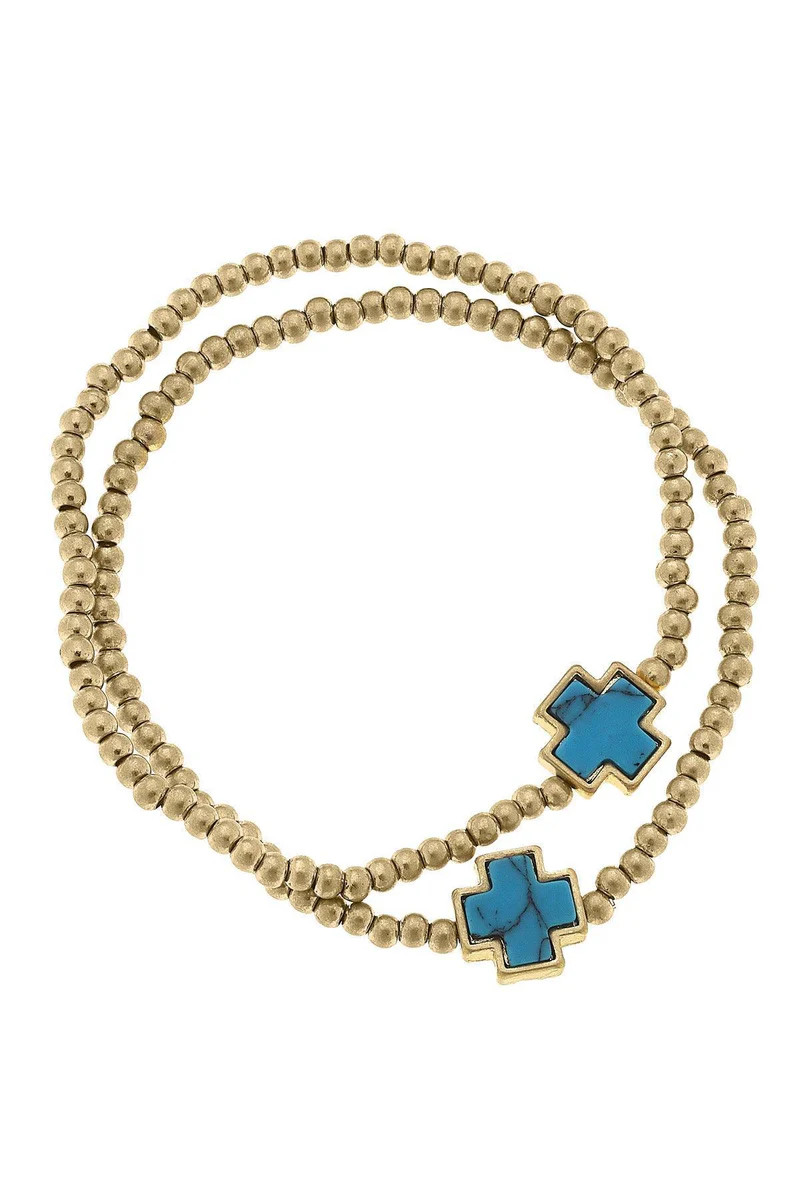 Beth Turquoise Cross Ball Bead Stretch Bracelets (Set of 2) | CANVAS