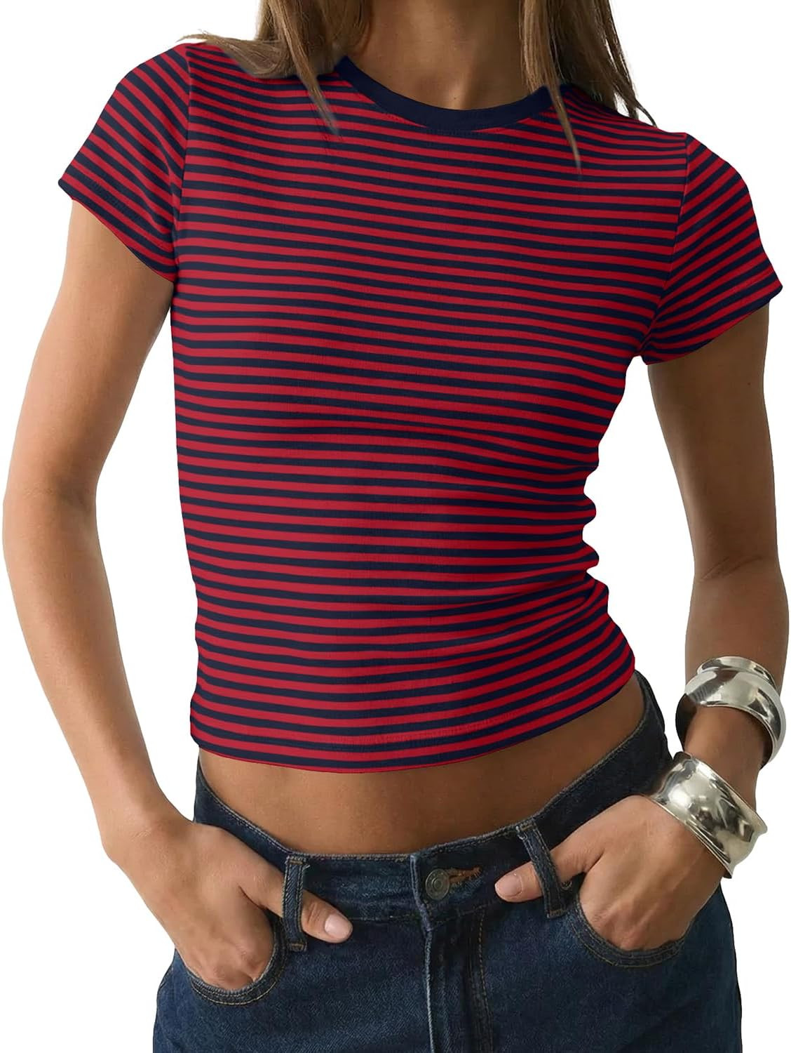 Women Vintage Striped Graphic Crewneck Crop Tops Short Sleeve Fitted Tshirts Summer Basic Tee Y2k Aesthetic Clothes | Amazon (US)
