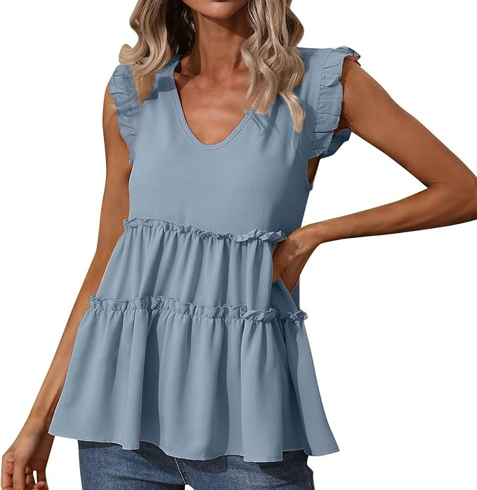 Womens Tank Tops V Neck Ruffle Sleeve Pleated Peplum Shirts Summer Women's Loose Fit Tees | Amazon (US)