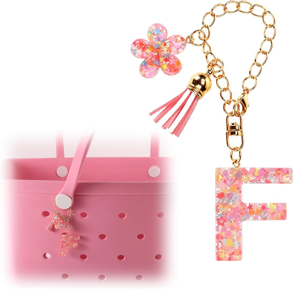 Sequin Initial Bag Charm for Bogg Beach Bag, Resin Keychain Letter Alphabet with Tassel Accessory... | Amazon (US)