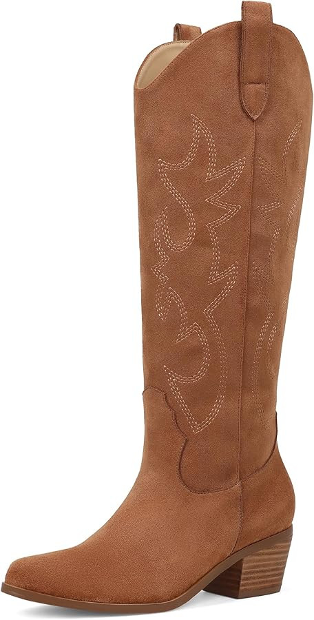 Erocalli White Cowgirl Boot Cowboy Boots for Women Embroidered Pull-On Chunky Stacked Heel Knee H... | Amazon (US)