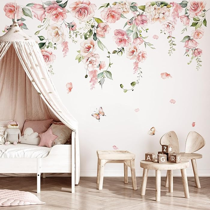 decalmile Large Pink Flower Wall Decals Hanging Vine Floral Wall Stickers Baby Nursery Girls Bedr... | Amazon (US)