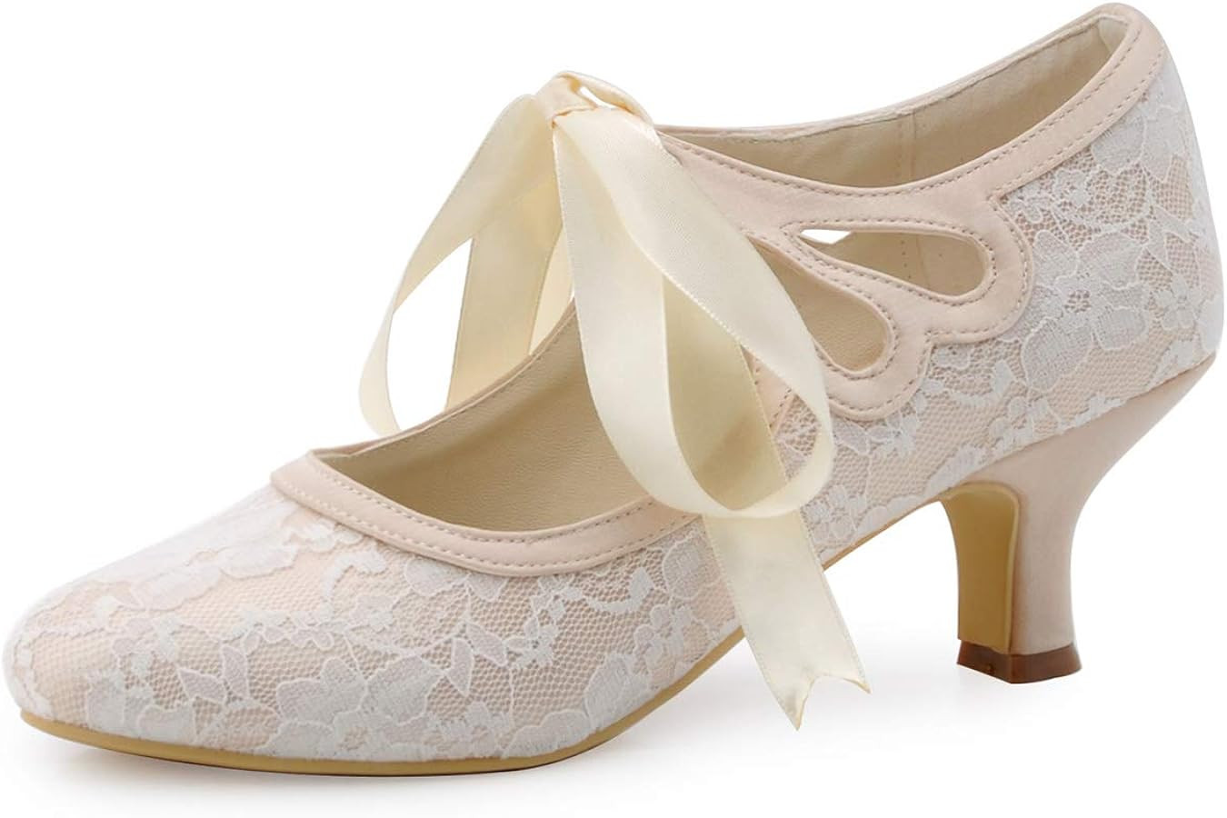 ELEGANTPARK Lace Wedding Shoes Closed Toe Bridal Shoes Women Mary Jane Low Heels Pumps Wedding Dr... | Amazon (US)