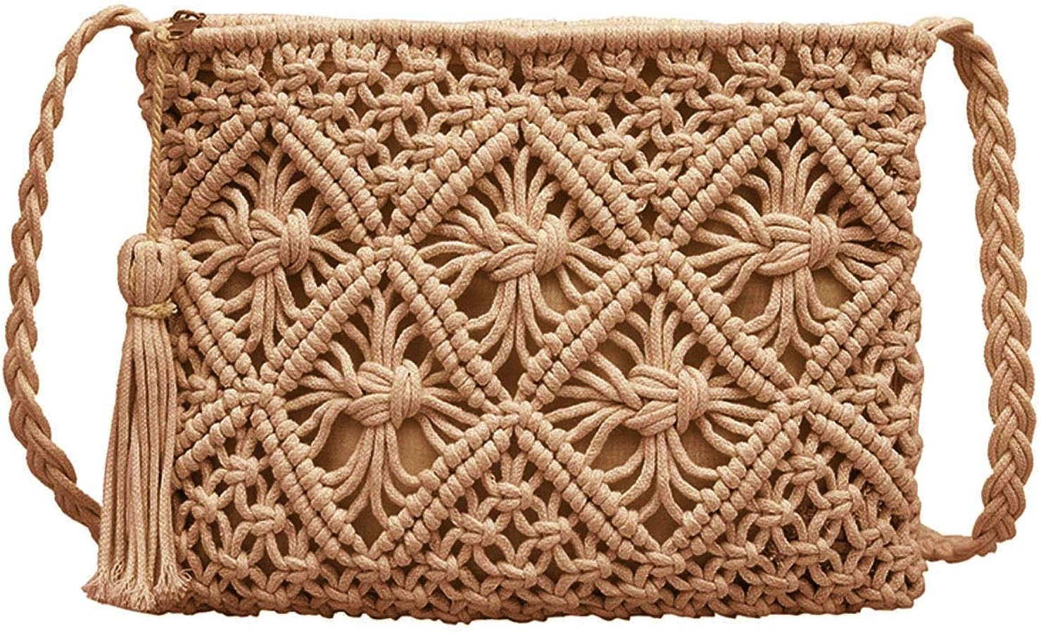 Van Caro Handwoven Cotton Straw Shoulder Bag Crochet Tassel Beach Bohemian Purse for Women | Amazon (US)