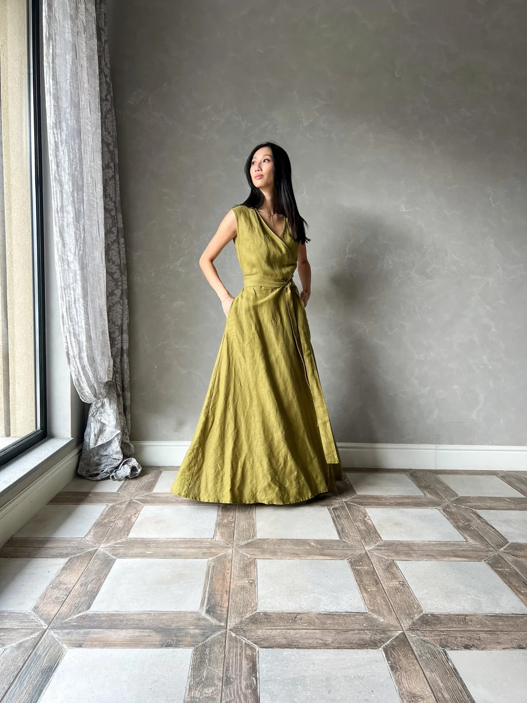 Linen Kaftan Dress, Long Linen Wrap Dress, Sleeveless Maxi Dress, Summer Fit and Flare Dress DONN... | Etsy (US)