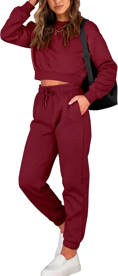 BTFBM Women 2 Piece Outfits 2023 Long Sleeve Crop Tops Tracksuit Drawstring Pant Jogger Set Casua... | Amazon (US)