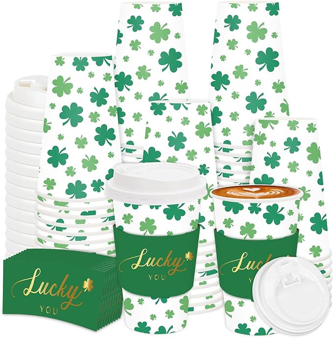 48 Set St. Patrick's Day Disposable Coffee Cups with Lids and Sleeves Green Shamrock Paper Drinki... | Amazon (US)