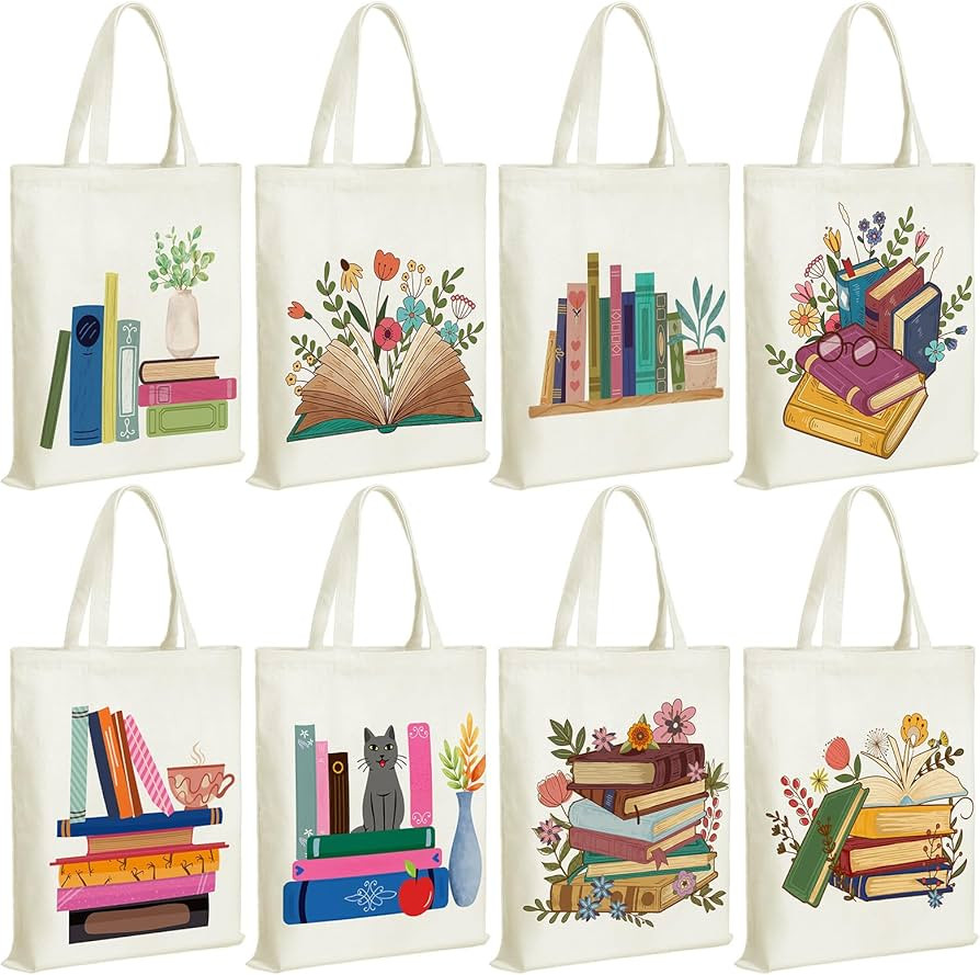 8 Pack Canvas Book Tote Bag Bulk Library Grocery Bag Aesthetic Book Lovers Club Gifts Librarian B... | Amazon (US)