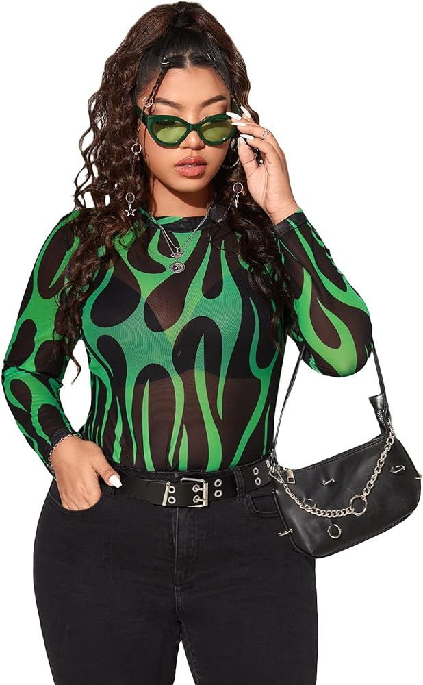 Floerns Women's Plus Size Leopard Print Mock Neck Mesh Long Sleeve Tee Shirt Top | Amazon (US)