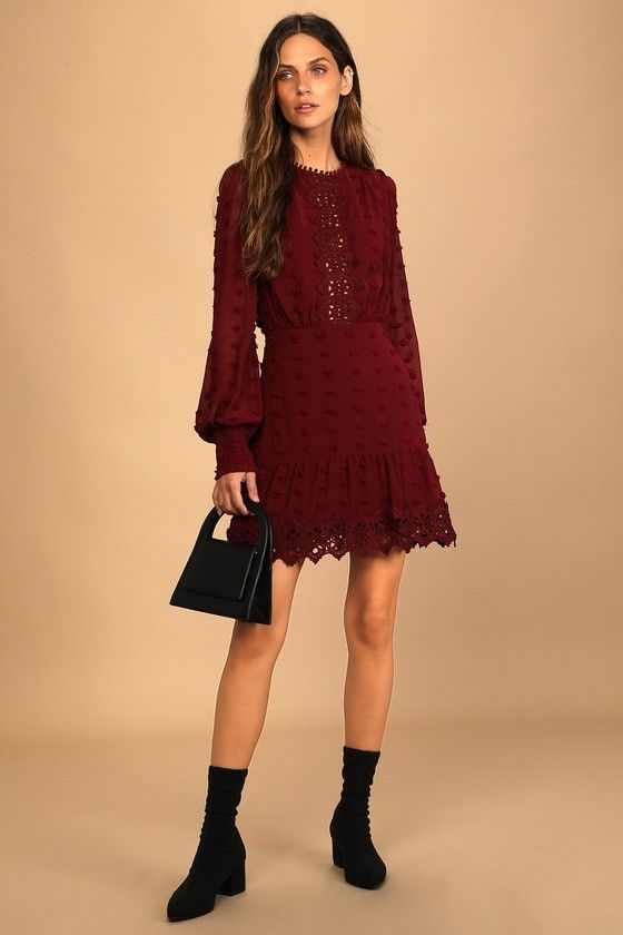 Lust or Love Wine Red Embroidered Lace Long Sleeve Dress - Thanksgiving Dress | Lulus (US)