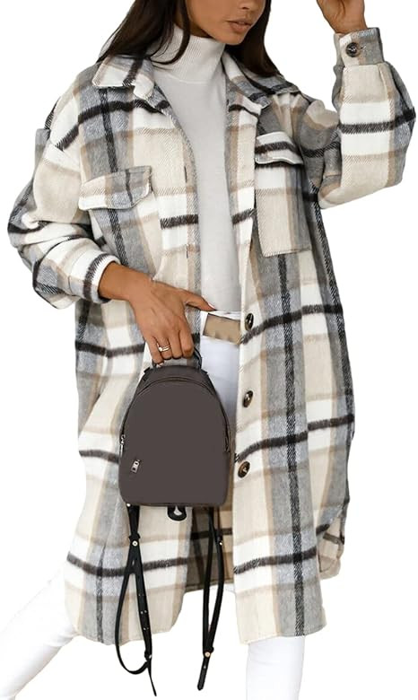 SeekMe Women's Long Plaid Shirt Jacket Shacket Lapel Button Down Woolen Blend Casual Tartan Over ... | Amazon (US)