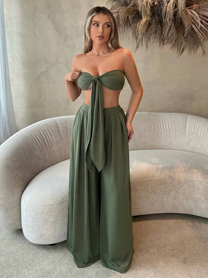 SHEIN SXY Beach;Women's Front Knot Strapless Top And Pants Two Pieces Set  Spring Summer Women Clothes Bachelorette Party Spring Break Birthday Outfit Valentine Day Sexy Outfits | SHEIN