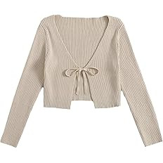 Floerns Women's Tie Front Long Sleeve Rib Knit Shrug Sweaters Cardigan Crop Top | Amazon (US)