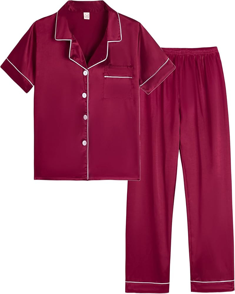 Unisex Kids Boys and Girls Pajama Sets Summer Short Sleeve Long Pants 2pcs Silky Sleepwear Button... | Amazon (US)