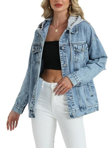 Women's Denim Jacket with Hood Oversized Boyfriend Distressed Jean Jackets | Amazon (US)