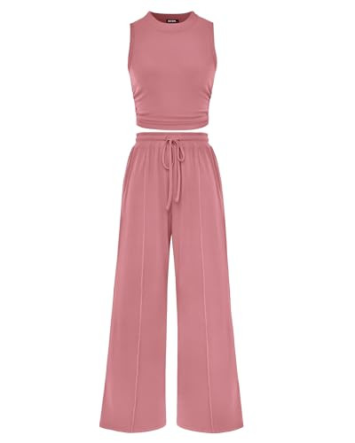 BTFBM Summer Outfits For Women 2026 Cropped Sleeveless Tank Tops Wide Leg Pants 2 Piece Sets Beach Lounge Set Clothing(Pink, Medium) | Amazon (US)