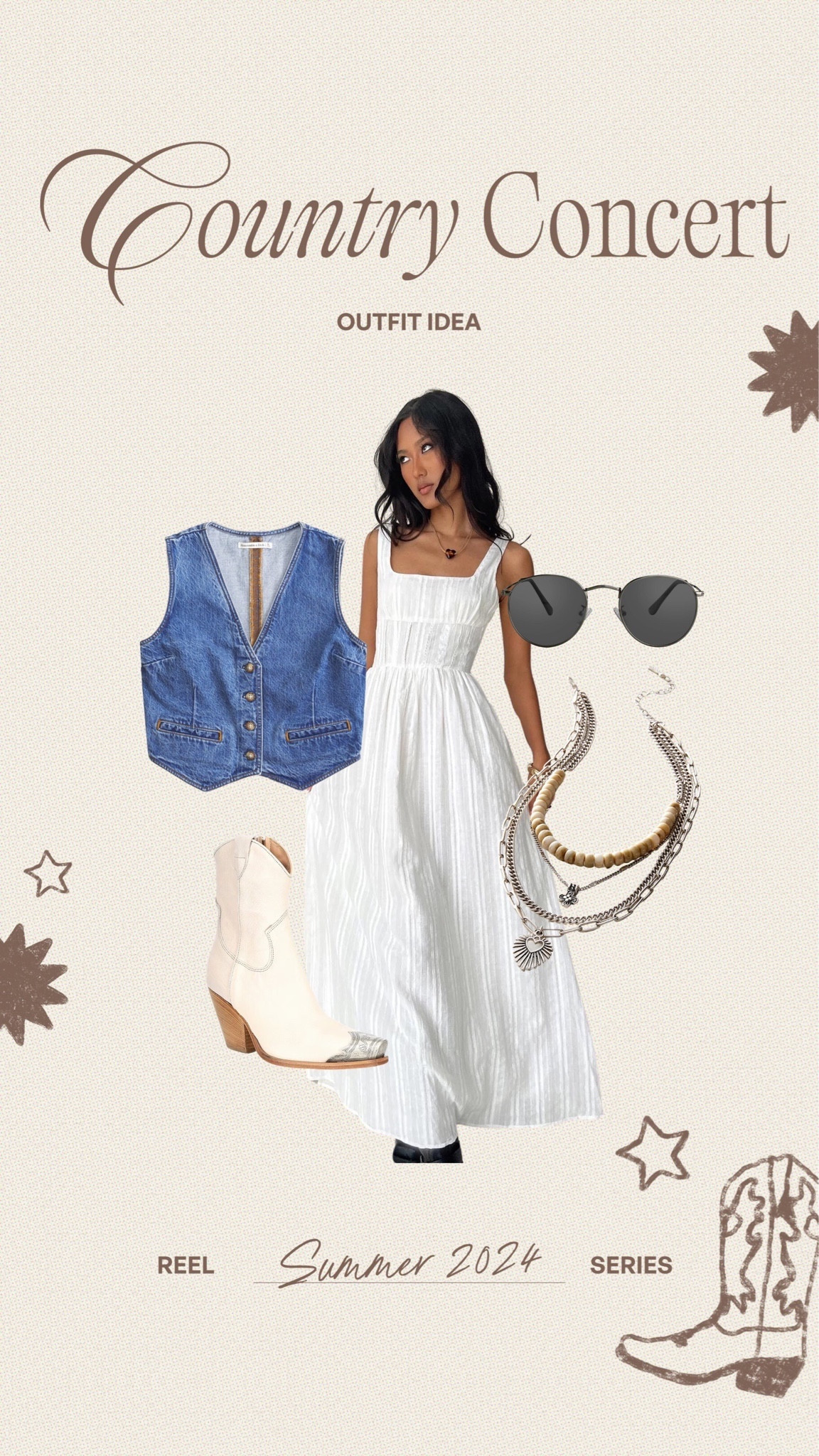 REEL SERIES | Country concert outfit ideas🤠🤍✨👢🤎  

I’m wearing a US10 in the dress (exchanging for a US8 — little big in my boobs) 
Vest // medium 

#country #concert #nashville 

#LTKFestival #LTKmidsize #LTKstyletip