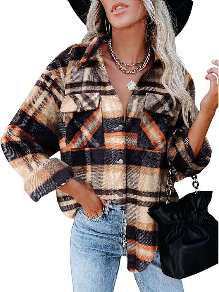 Women Flannel Plaid Shirts Button Down Essentials Long Sleeve Lapel Casual Blouses with Pockets T... | Amazon (US)