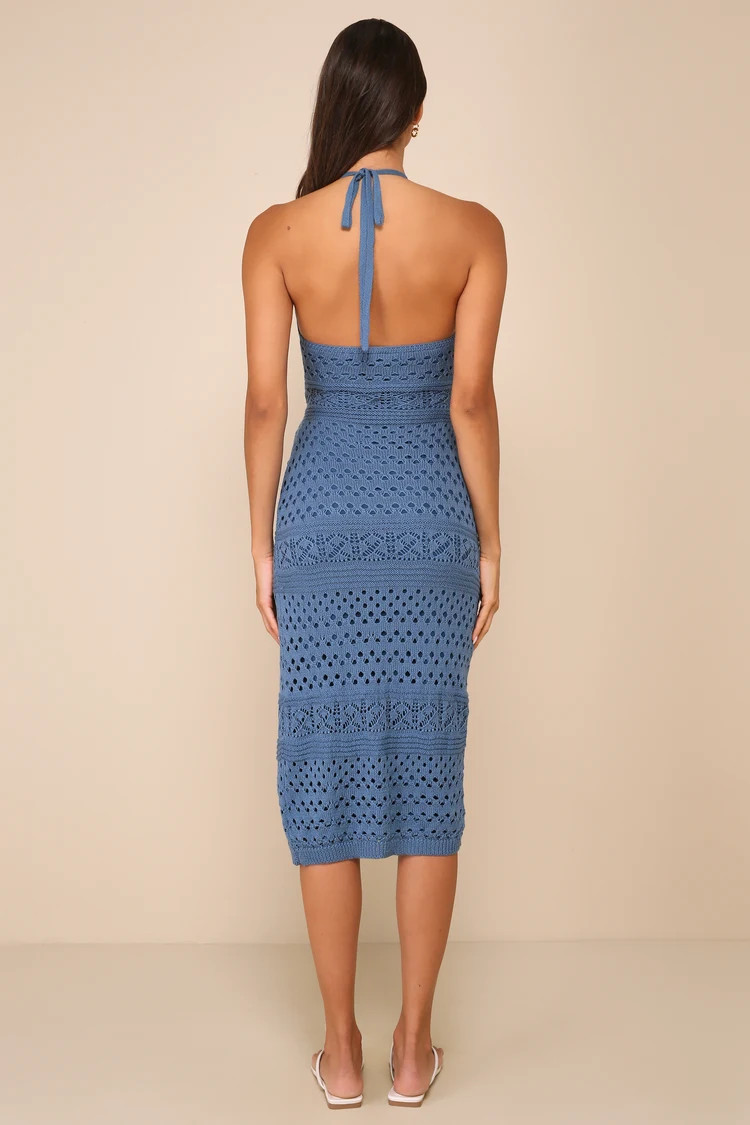Blissful Strolls Slate Blue Crochet Faux-Wrap Halter Midi Dress | Lulus