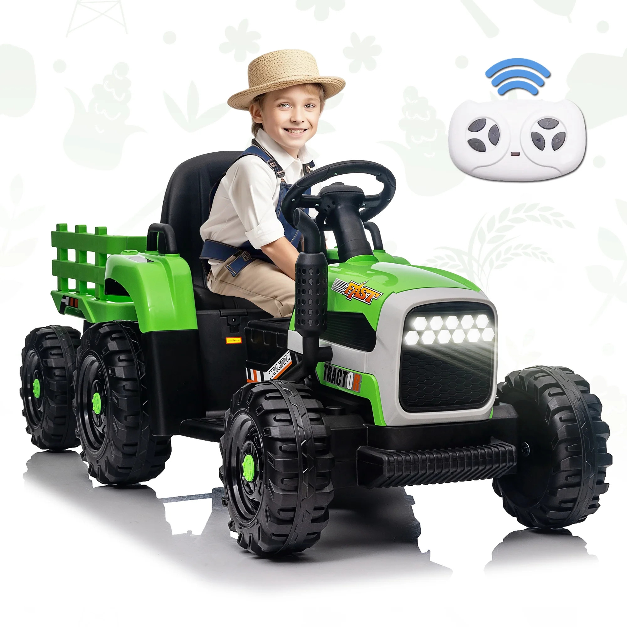 12v Battery-Powered Toy Tractor with Trailer, Ride on Tractor with Remote Control and 3 Speed Adj... | Walmart (US)