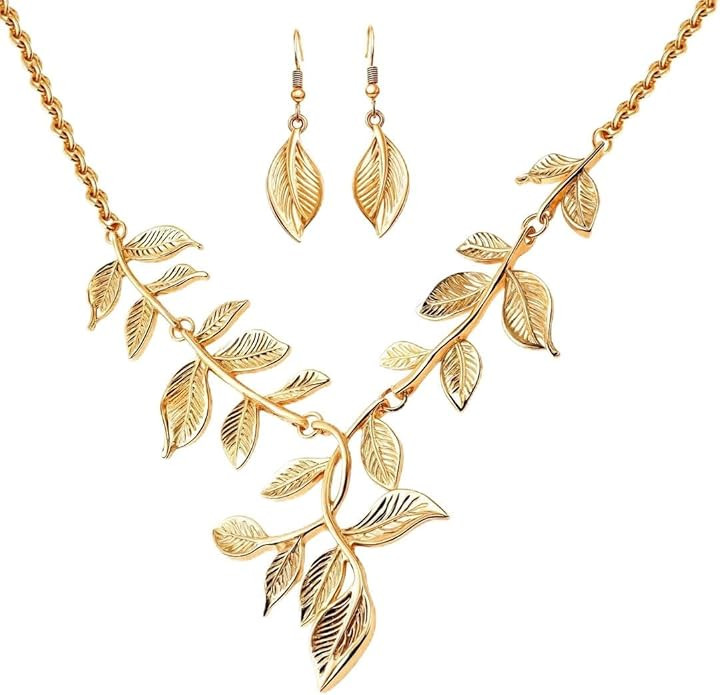 ION Plated Gold Necklace Set - Gold Leaf Necklace and Earrings Set - Floral Flower Costume Jewelr... | Amazon (US)