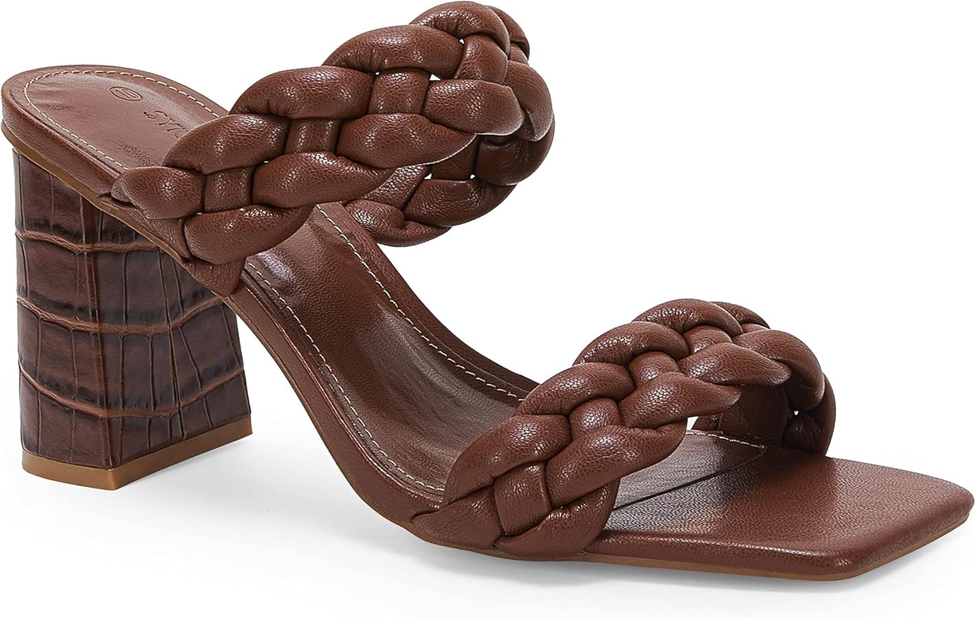 Syktkmx Women's Braided Heeled Sandals Backless Square Open Toe Block Slide Sandals | Amazon (US)