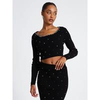 Quiz Black Embellished Knit Cropped Jumper | Very (UK)