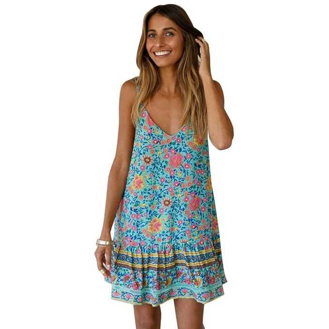LANISEN Women Floral Print Boho Casual Dress Deep V Neck Mini Summer Party Dresses | Amazon (CA)